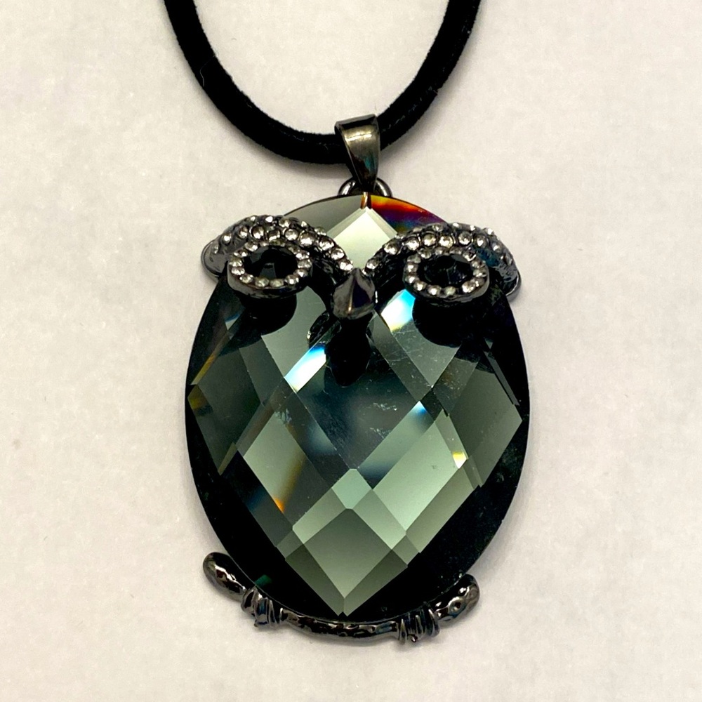 Glass Owl Pendant Necklace with Rhinestones on Black Cord 18”